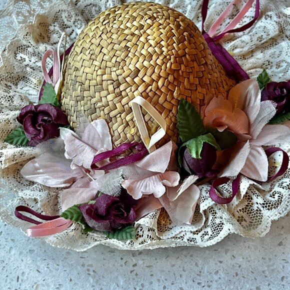 Unknown Other - Vintage Doll Straw Hat With Lace & Ribbon Embellishments